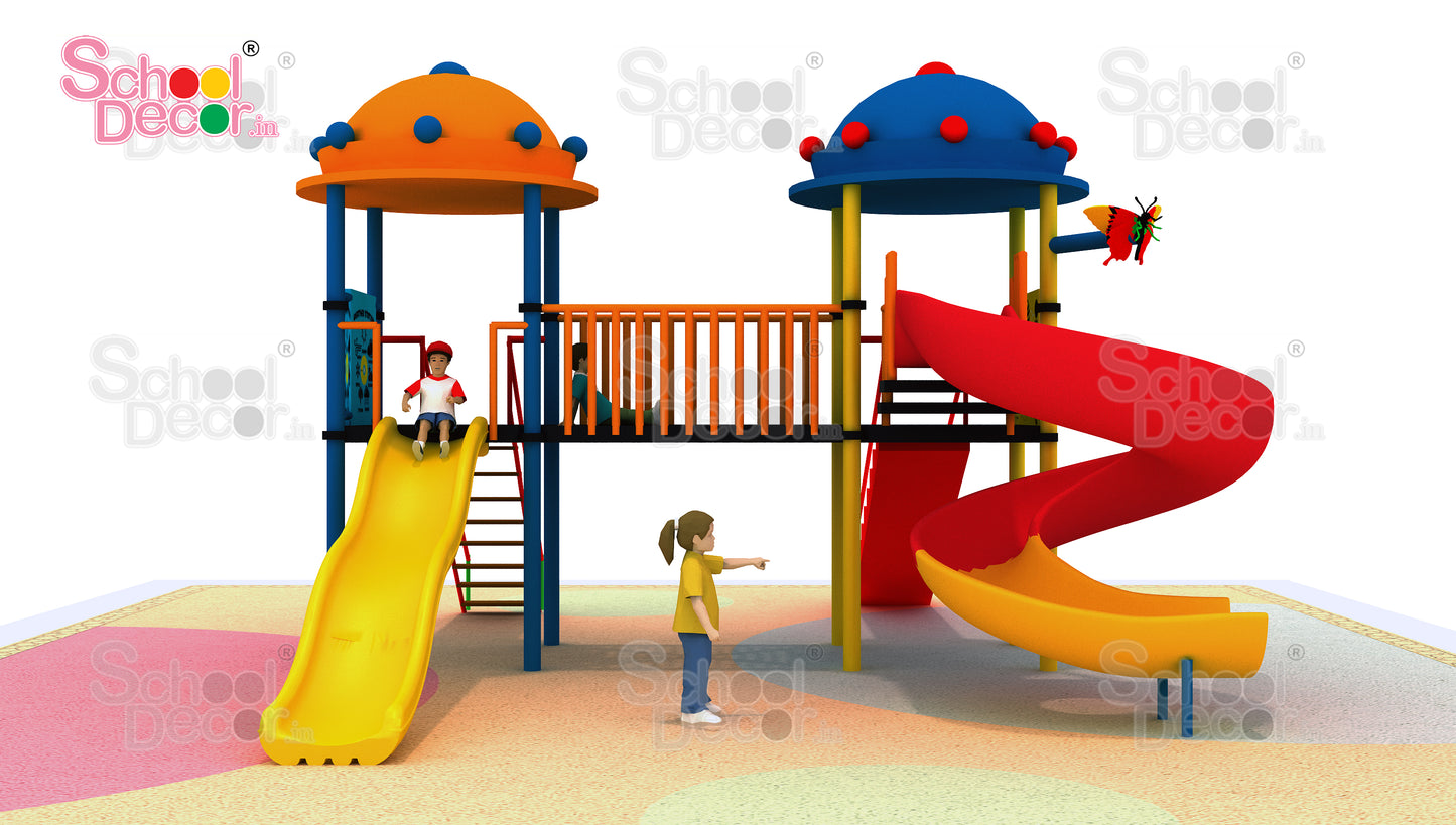 Double Tower Multi-Play Playground System with Spiral & Wave Slides