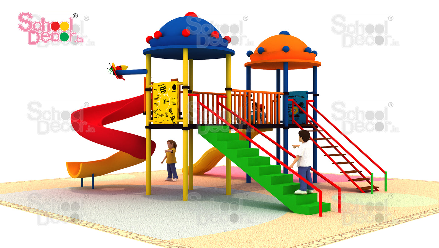 Double Tower Multi-Play Playground System with Spiral & Wave Slides