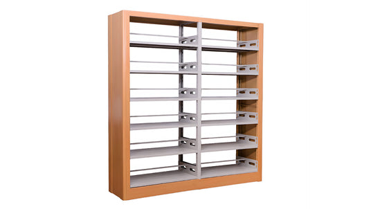 Double-Sided Library Book Rack with Wooden Frame & Metal Shelves
